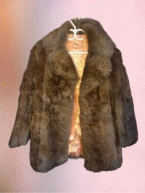 Vintage Reversible Rabbit Fur Coat -Brown Fur with Shimmering Silk Satin Lining